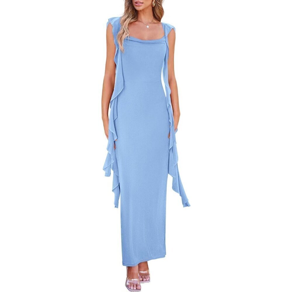 Elegant Sky Blue Ruffle-Trim Maxi Wedding Dress